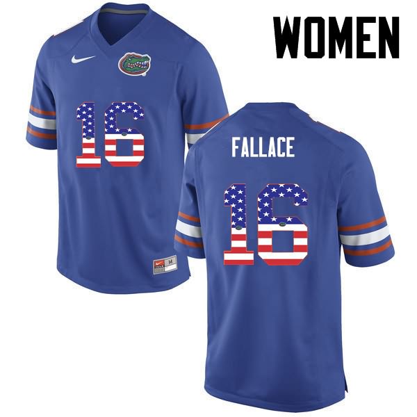 Women's NCAA Florida Gators Brian Fallace #16 Stitched Authentic USA Flag Fashion Nike Blue College Football Jersey DCT4865QC